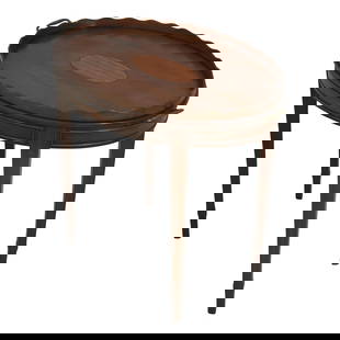 Kittinger Mahogany Oval Coffee Table with Satinwood Inlay 27 x 17.5 x 22.5: Kittinger Mahogany Oval Coffee Table with Satinwood Inlay 27 x 17.5 x 22.5 This exquisite Kittinger oval coffee cocktail table features a rich mahogany construction with a satinwood inlaid center, sho