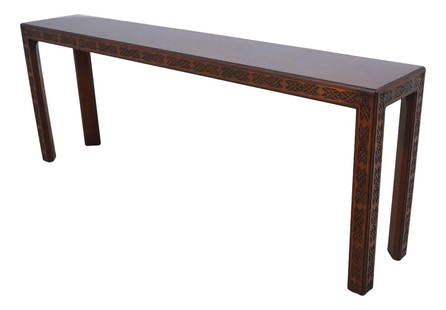 Chinese Chippendale Mahogany Sofa Table with Fretwork Legs: Chinese Chippendale Mahogany Sofa Table with Fretwork Legs This elegant Chinese Chippendale style sofa table features a striking reddish mahogany finish with a high sheen polished top. The factory dis