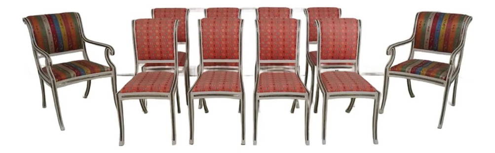 Set of 10 Neoclassical Painted Dining Chairs Off White Silver Finish: Set of 10 Neoclassical Painted Dining Chairs Off White Silver Finish This set of 10 dining room chairs boasts a neoclassical style with fine carved details and high-quality construction. Each chair fe