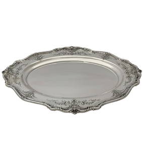 Antique Redlich & Co 925 Sterling Silver Repousse Floral Serving Tray 18.5 x 13.5 inches: Antique Redlich & Co 925 Sterling Silver Repousse Floral Serving Tray 18.5 x 13.5 inches This exquisite antique serving tray by Redlich & Co. is crafted from .925 sterling silver and features a