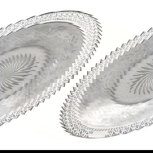 Crystal and Sterling Silver Dish: Crystal and Sterling Silver Dish This exquisite crystal plate features a stunning sterling silver rim, beautifully reticulated and designed to accommodate a personalized monogram. Dating back to the