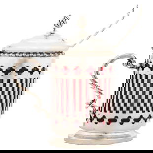 Sterling Silver Mustard Jar with Ruby Red Glass Liner and Ladle: Sterling Silver Mustard Jar with Ruby Red Glass Liner and Ladle This rare sterling silver mustard jar and ladle were manufactured by Marcus & Company. It has a ruby-red glass liner that pops through t