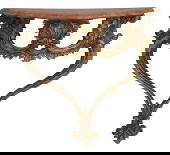 Italian Baroque Giltwood Wall Shelf with Faux Marble Finish: Italian Baroque Giltwood Wall Shelf with Faux Marble Finish Enhance your decor with this exquisite Italian Baroque carved giltwood wall shelf. Featuring an elegant faux marble painted top and a stunni