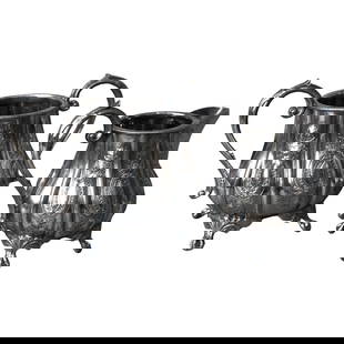 Antique Silver Plated Clawfoot Tea Set C1890 Melon Bodice: Antique Silver Plated Clawfoot Tea Set C1890 Melon Bodice This exquisite two-piece antique silver-plated clawfoot tea set, dating back to circa 1890, features a charming melon bodice design adorned wi