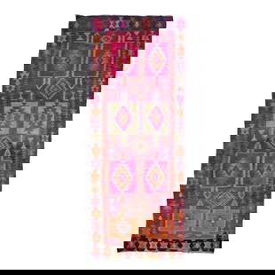 Vintage Pink Kilim Handmade Wool Runner 4'8" x 11'7" Geometric Design: Vintage Pink Kilim Handmade Wool Runner 4'8" x 11'7" Geometric Design Beautiful kilim handmade wool runner with a pink field. This Vintage flatweave rug has orange, gray, and brown accents feature a g