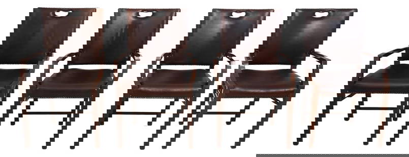 Set of 4 Theodore Alexander Mahogany Leather Armchairs: Set of 4 Theodore Alexander Mahogany Leather Armchairs This set of 4 Theodore Alexander armchairs is a timeless addition to any game room or library. Crafted from quality mahogany and featuring luxuri