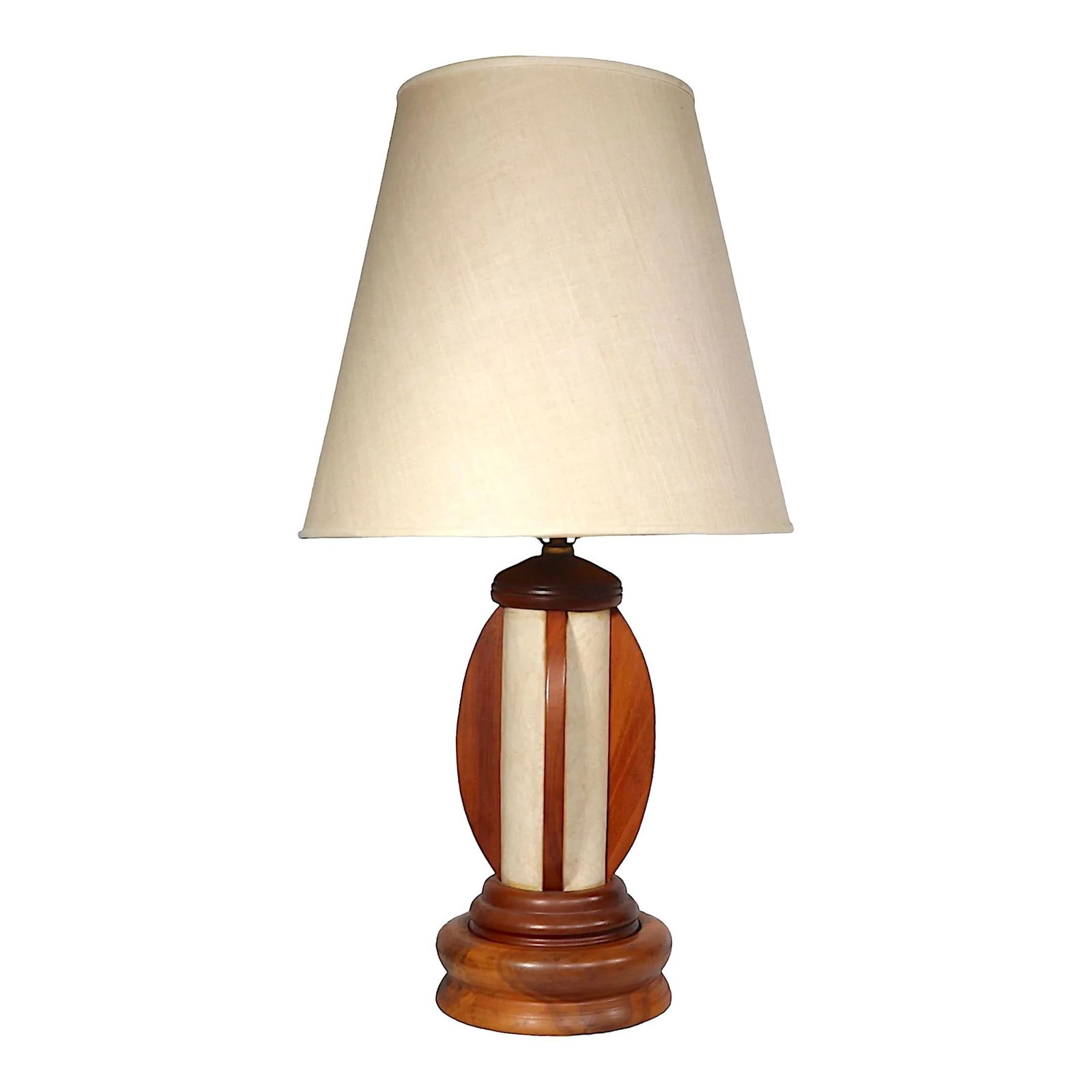 Vintage Mid Century Table Lamp Wood Vinyl 26.25in Unique Design: Vintage Mid Century Table Lamp Wood Vinyl 26.25in Unique Design This charming Mid Century table lamp boasts a sturdy wood structure accented by cream color vinyl panel sides. In very good, original co
