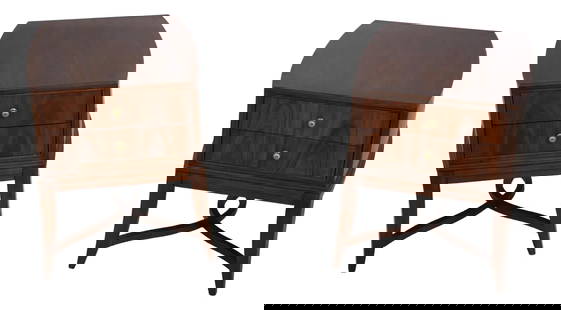 Bob Mackie Modern Deco Pair of Walnut 2 Drawer Lamp Tables 22.5w x 28d x 26h: Bob Mackie Modern Deco Pair of Walnut 2 Drawer Lamp Tables 22.5w x 28d x 26h Enhance your living space with this elegant pair of lamp tables designed by Bob Mackie for American Drew. Crafted from exot