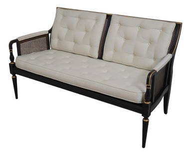 Regency Style Upholstered Settee with Caned Back and Gold Accents: Regency Style Upholstered Settee with Caned Back and Gold Accents This Regency Style Caned Back & Upholstered Settee features a charming design with factory light distressing and elegant gold accents.