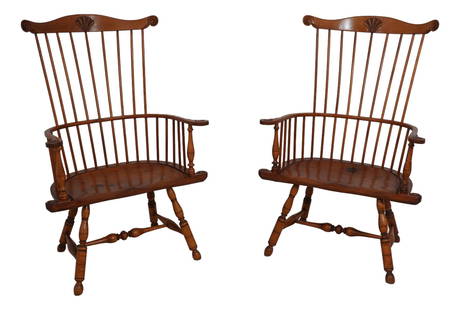 Rare Pair of Dr Dimes Windsor Style Armchairs C.1995 31x19x47.5: Rare Pair of Dr Dimes Windsor Style Armchairs C.1995 31x19x47.5 This pair of Dr. Dimes large Windsor style armchairs, crafted around 1995, features exquisite mortise construction and a mixed wood buil