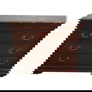 Neoclassical Mahogany Chest with Marble Top 44 x 19 x 34.5: Neoclassical Mahogany Chest with Marble Top 44 x 19 x 34.5 This exquisite Neoclassical 3 Drawer Chest features a stunning marble or granite top, elegantly complemented by the rich brown mahogany body.