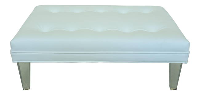 Modern Lucite Leg Ottoman Bench with White Leather Seat 31 x 42.5 x 15: Modern Lucite Leg Ottoman Bench with White Leather Seat 31 x 42.5 x 15 This stylish Modern Design Bench Ottoman features a luxurious tufted white leather seat supported by sleek Lucite legs, showcasin