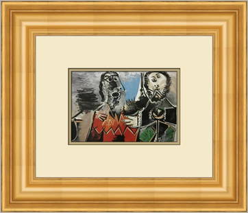 Pablo Picasso Two Men Custom Framed Lithograph 16" x 19" Surrealism Art: Pablo Picasso Two Men Custom Framed Lithograph 16" x 19" Surrealism Art This stunning custom framed print, titled "Two Men" by Pablo Picasso, showcases the surrealism style for which the artist is ren