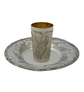 Italian Handmade 925 Sterling Silver Cup & Tray Set Matte Shiny Finish: Italian Handmade 925 Sterling Silver Cup & Tray Set Matte Shiny Finish This exquisite set features a handmade chased swirl design, crafted from fine Italian 925 sterling silver. The cup and tray