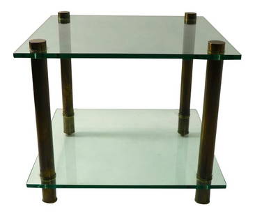 1960s Modernist Square Two-Tier Glass Brass End Table 22.5" Height: 1960s Modernist Square Two-Tier Glass Brass End Table 22.5" Height This striking 1960s square two-tier end table features a modernist design with thick plate glass surfaces supported by sturdy tubular