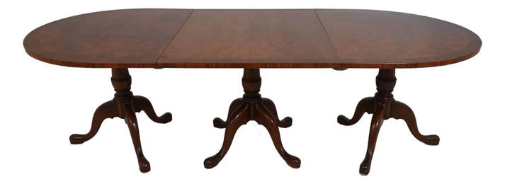 Antique English Walnut 3 Pedestal Dining Table C.1900-1910