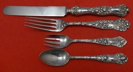 Shiebler American Beauty Sterling Silver 4-Piece Dinner Setting 1850-1899: Shiebler American Beauty Sterling Silver 4-Piece Dinner Setting 1850-1899 This exquisite 4-piece dinner size place setting in the American Beauty pattern by Shiebler is crafted from high-quality sterl