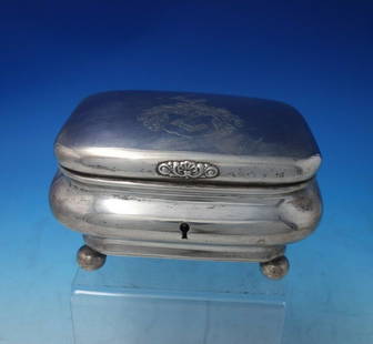 Austrian 13=.812 Silver Jewelry Box with Engraved Crest and Lock: Austrian 13=.812 Silver Jewelry Box with Engraved Crest and Lock This exquisite Austrian jewelry box is crafted from 13=.812 silver, showcasing a stunning engraved crest featuring an arm holding a swo