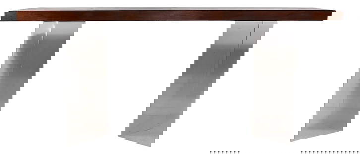 Vladimir Kagan Inspired Mid Century Lucite Wood Console Table 60 x 18 x 26.25: Vladimir Kagan Inspired Mid Century Lucite Wood Console Table 60 x 18 x 26.25 This chic architectural console table showcases a striking Mid Century design with a rectangular wood top supported by V-s