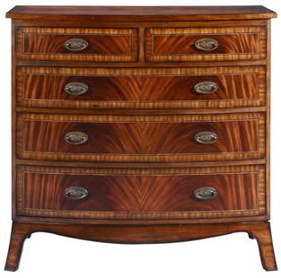 Traditional Mahogany Bowfront Chest of Drawers: Traditional Mahogany Bowfront Chest of Drawers This elegant Mahogany English Bow Front Dresser showcases a timeless design crafted in an antique or vintage style. It features a traditional mahogany fi