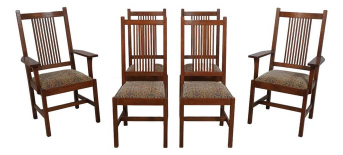 Set of 6 Stickley Mission Oak Spindle Back Dining Chairs: Set of 6 Stickley Mission Oak Spindle Back Dining Chairs This set of 6 Stickley Mission Oak Spindle Back Dining Chairs showcases exquisite craftsmanship and timeless design, perfect for enhancing your