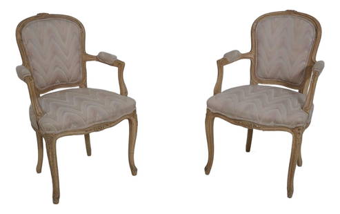 Elegant Pair of French Louis XV Upholstered Armchairs 24x20x37: Elegant Pair of French Louis XV Upholstered Armchairs 24x20x37 This exquisite pair of French Louis XV upholstered open armchairs showcases a charming crackle painted finish, embodying classic French s