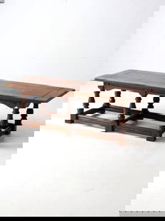 Mid Century Rustic Solid Oak Coffee Table 56 x 20 x 17.5: Mid Century Rustic Solid Oak Coffee Table 56 x 20 x 17.5 This substantial mid-20th century oak coffee table features a rustic, lodge-inspired design, crafted from solid oak. It showcases a rectangular