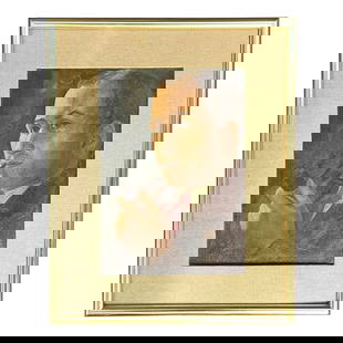 Vintage Oil Portrait on Board of Thoughtful Gentleman in Gold Frame: Vintage Oil Portrait on Board of Thoughtful Gentleman in Gold Frame This vintage oil portrait beautifully captures a sophisticated gentleman deep in thought while holding a pipe. Painted on board, it