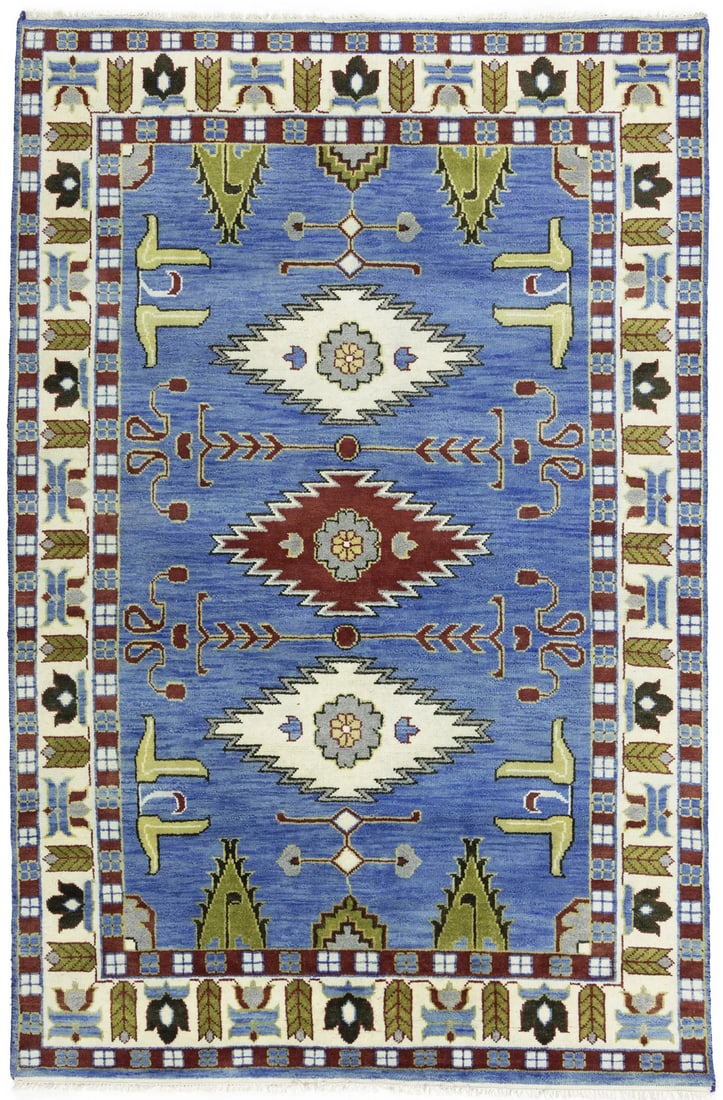 Handmade Kazak Wool Rug 6'0 x 9'1 Geometric Tribal Design: Handmade Kazak Wool Rug 6'0 x 9'1 Geometric Tribal Design Enhance your living space with this exquisite handmade Kazak Oriental rug, featuring a striking geometric tribal design that embodies modern f