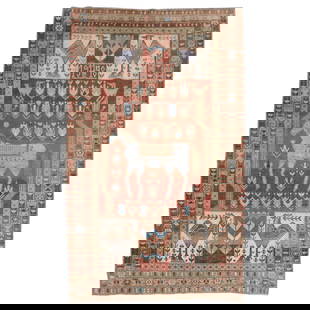 Rare 1948 Antique Shirvan Caucasian Wool Rug with Horse and Roosters: Rare 1948 Antique Shirvan Caucasian Wool Rug with Horse and Roosters This rare antique Shirvan Caucasian rug, dated 1948, features a striking design with a large light blue horse surrounded by four vi