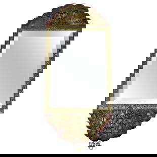 Antique Asian Chinoiserie Carved Polychromed Wall Mirror 20th Century: Antique Asian Chinoiserie Carved Polychromed Wall Mirror 20th Century This exquisite antique Asian Chinoiserie wall mirror showcases a beautifully carved and polychromed hardwood frame, adorned with i