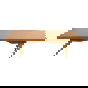 Mid Century Coffee Table by Russel Wright 54 x 21 x 17 Brown Veneer: Mid Century Coffee Table by Russel Wright 54 x 21 x 17 Brown Veneer This mid-century coffee table, attributed to Russel Wright, features a unique undercarriage that allows for multiple positioning opt