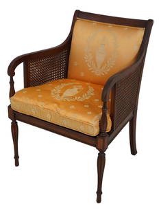 Regency Style Upholstered Armchair: Regency Style Upholstered Armchair This Regency Style Cane Side Upholstered Armchair is a timeless addition to any home decor. Crafted with a solid mahogany frame, it features a caned back and a plush