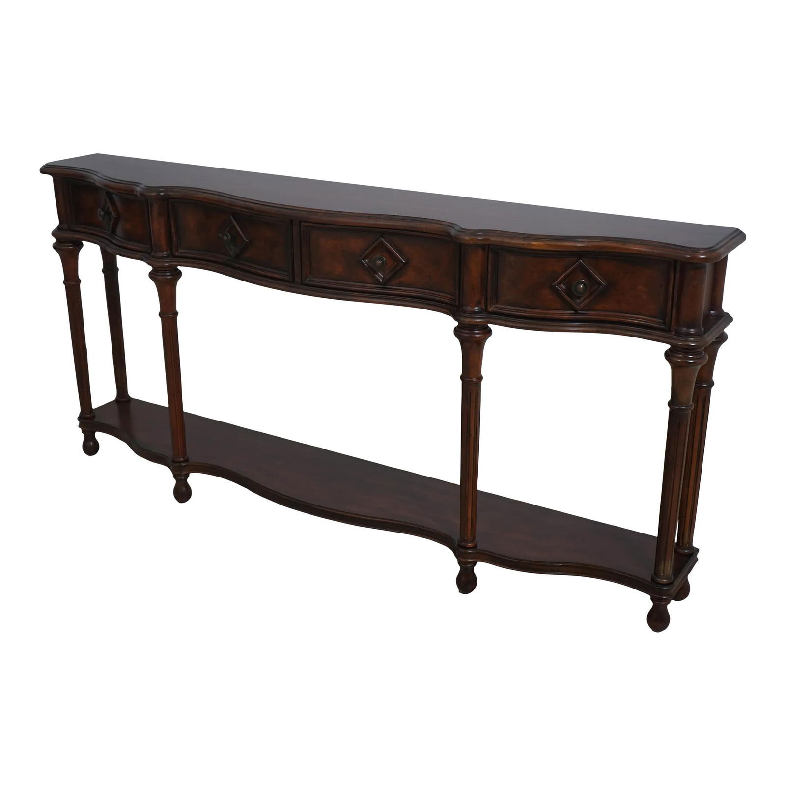 Hooker 4 Drawer Continental Console Table 72 x 12.5 x 34.5 Brown Wood: Hooker 4 Drawer Continental Console Table 72 x 12.5 x 34.5 Brown Wood This exquisite Hooker 4 Drawer Continental Console Table combines style and functionality, featuring a factory distressed finish t