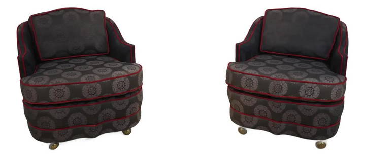 Vintage 1960s Asian Upholstered Club Chairs on Casters: Vintage 1960s Asian Upholstered Club Chairs on Casters This pair of Mid Century Modern Asian upholstered club chairs, dating back to the 1960s, features a sleek and modern design that complements any