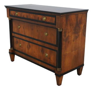Century French Empire Style Walnut 3 Drawer Commode with Cherry Finish: Century French Empire Style Walnut 3 Drawer Commode with Cherry Finish This exquisite Century French Empire Style 3 Drawer Chest Commode features a stunning walnut construction complemented by a cherr