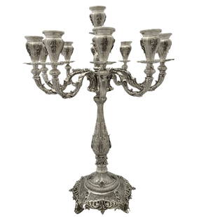 Ornate 925 Sterling Silver 11-Light Candelabra with Leaf Design: Ornate 925 Sterling Silver 11-Light Candelabra with Leaf Design Illuminate your space with this stunning 11-light candelabra crafted from fine 925 sterling silver. This exquisite piece features intric