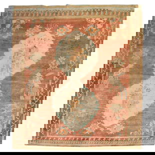 1904 Turkish Kars Folk Art Pigeons Rug Hand-Woven Wool 113 x 137 in: 1904 Turkish Kars Folk Art Pigeons Rug Hand-Woven Wool 113 x 137 in This stunning early 20th-century Turkish Kars rug, dated 1904, showcases a vibrant apricot field adorned with two large pigeons, exe