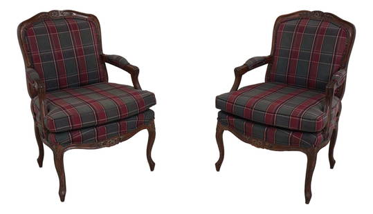 Jeffco Country French Style Open Armchairs Walnut Plaid Upholstery Pair: Jeffco Country French Style Open Armchairs Walnut Plaid Upholstery Pair This exquisite pair of Jeffco Country French Style Open Armchairs showcases a beautiful walnut finish with fine carved details a
