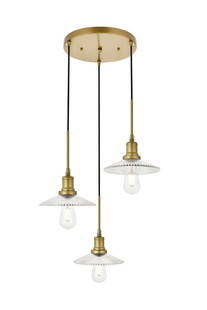 Waltz 3-Light Brass and Clear Glass Pendant Chandelier: Waltz 3-Light Brass and Clear Glass Pendant Chandelier Elevate your space with this stunning 3-light pendant chandelier, featuring a modern design that combines clear glass shades with a brass finish.
