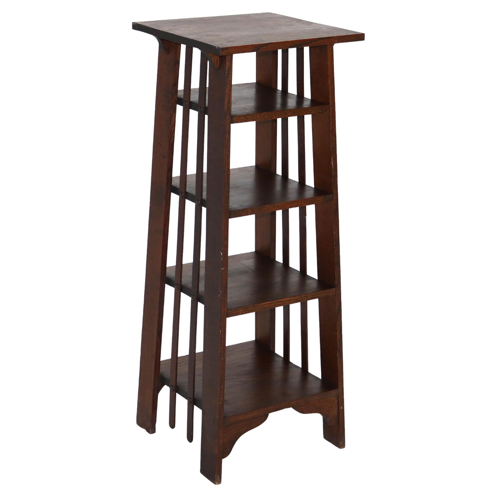 Stickley Style Antique Oak Slat Sided Magazine Rack C1920: Stickley Style Antique Oak Slat Sided Magazine Rack C1920 This exquisite Antique Arts & Crafts Mission Oak Slat Sided Magazine Rack, crafted in the manner of Stickley around 1920, showcases the hallma