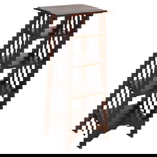 Stickley Style Antique Oak Slat Sided Magazine Rack C1920: Stickley Style Antique Oak Slat Sided Magazine Rack C1920 This exquisite Antique Arts & Crafts Mission Oak Slat Sided Magazine Rack, crafted in the manner of Stickley around 1920, showcases the hallma