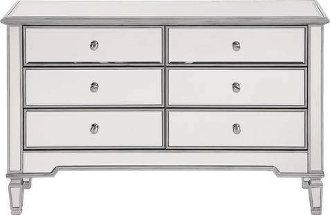 Elegant Lighting Mirrored Silver Chest of Drawers 32H x 48W x 18D: Elegant Lighting Mirrored Silver Chest of Drawers 32H x 48W x 18D This elegant mirrored silver dresser combines contemporary style with functional storage. Crafted from solid wood and featuring a stun