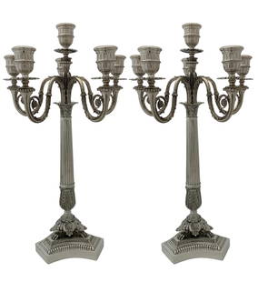Pair of Italian 925 Sterling Silver Handmade Floral 6 Light Candelabras: Pair of Italian 925 Sterling Silver Handmade Floral 6 Light Candelabras This exquisite pair of Italian 925 sterling silver candelabras showcases a stunning handmade floral design. Each candelabrum fea