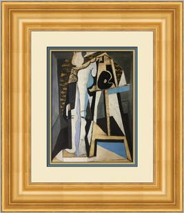 Pablo Picasso Interior with Easel Custom Framed Lithograph 21 x 18: Pablo Picasso Interior with Easel Custom Framed Lithograph 21 x 18 This custom framed print features the iconic work "Interior with Easel" by Pablo Picasso, showcasing his surrealist style. Measuring