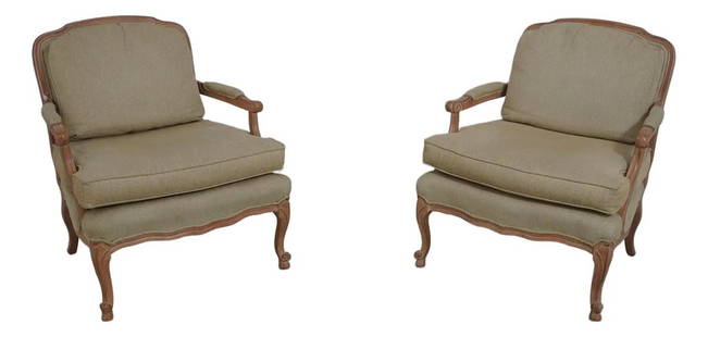 Elegant Pair of Fairfield Louis XV Upholstered Bergere Chairs: Elegant Pair of Fairfield Louis XV Upholstered Bergere Chairs Pair of Fairfield French Louis XV Upholstered Bergere Chairs with light factory distressed finish, clean and well cared for. Quality