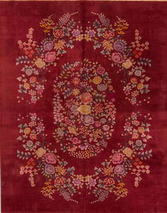 Vintage Chinese Art Deco Wool Rug Red Floral Design 8'11 x 11'5