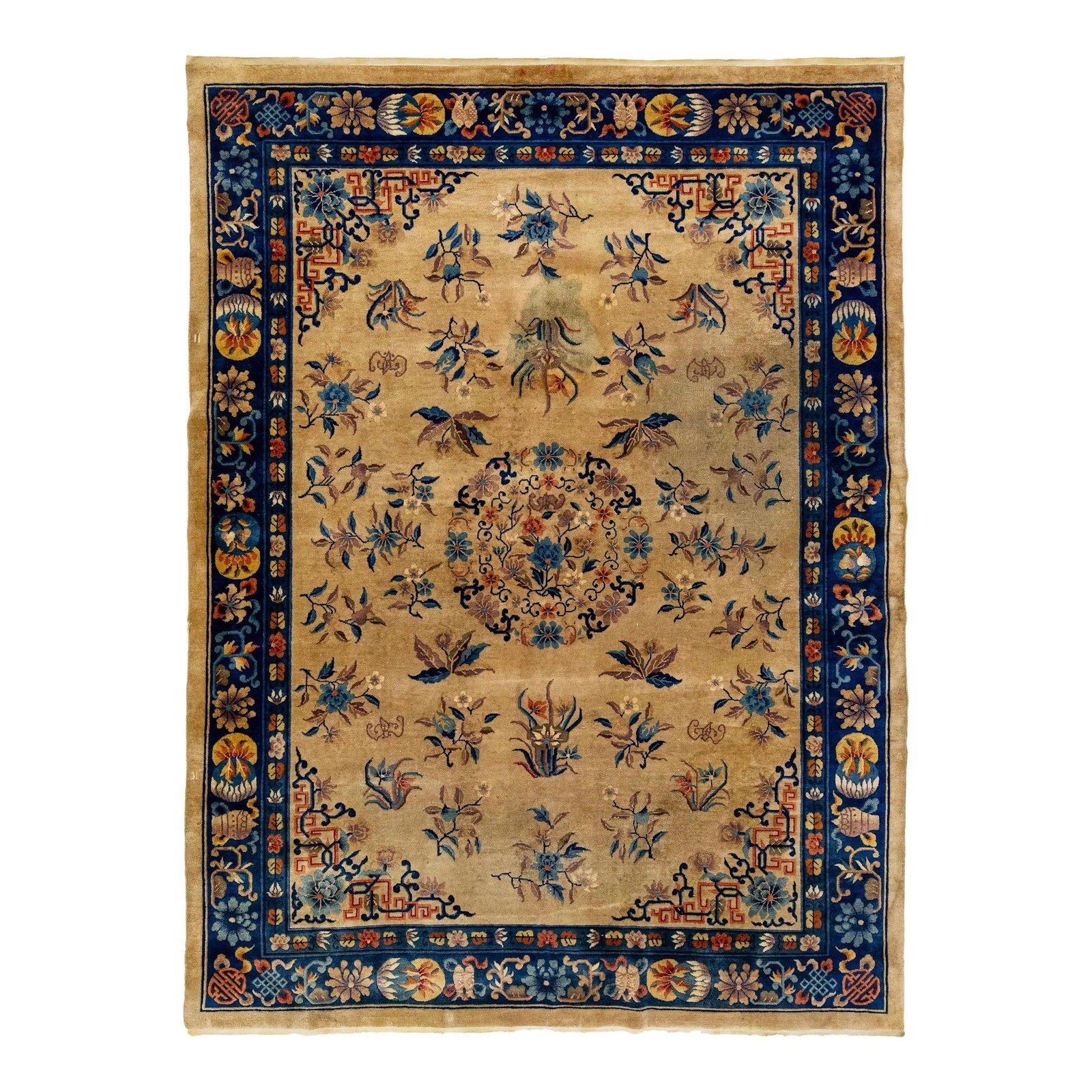 1920s Antique Chinese Art Deco Wool Rug 8' x 10'10 Floral Design: 1920s Antique Chinese Art Deco Wool Rug 8' x 10'10 Floral Design This stunning 1920s antique Chinese Art Deco rug showcases a rich brown color field, hand-knotted from high-quality wool. It features a