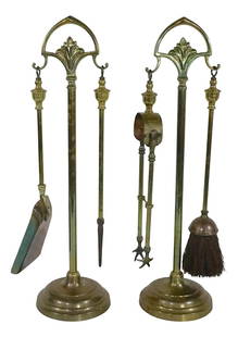 2 Matching Antique Brass Tool Sets: 2 Matching Antique Brass Tool Sets Discover this elegant suite of two matching antique brass fireplace tool sets, each comprising one stand and two tools. One set features a brush and tongs, while the