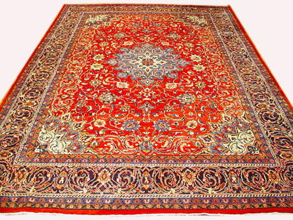 Handcrafted 9 x 12.6 Coral Orange Red Persian Sarouk Rug: Handcrafted 9 x 12.6 Coral Orange Red Persian Sarouk Rug Enhance your space with this stunning 9 x 12.6 Coral Orange Red Semi Antique Persian Sarouk Rug, a perfect blend of timeless beauty and excepti